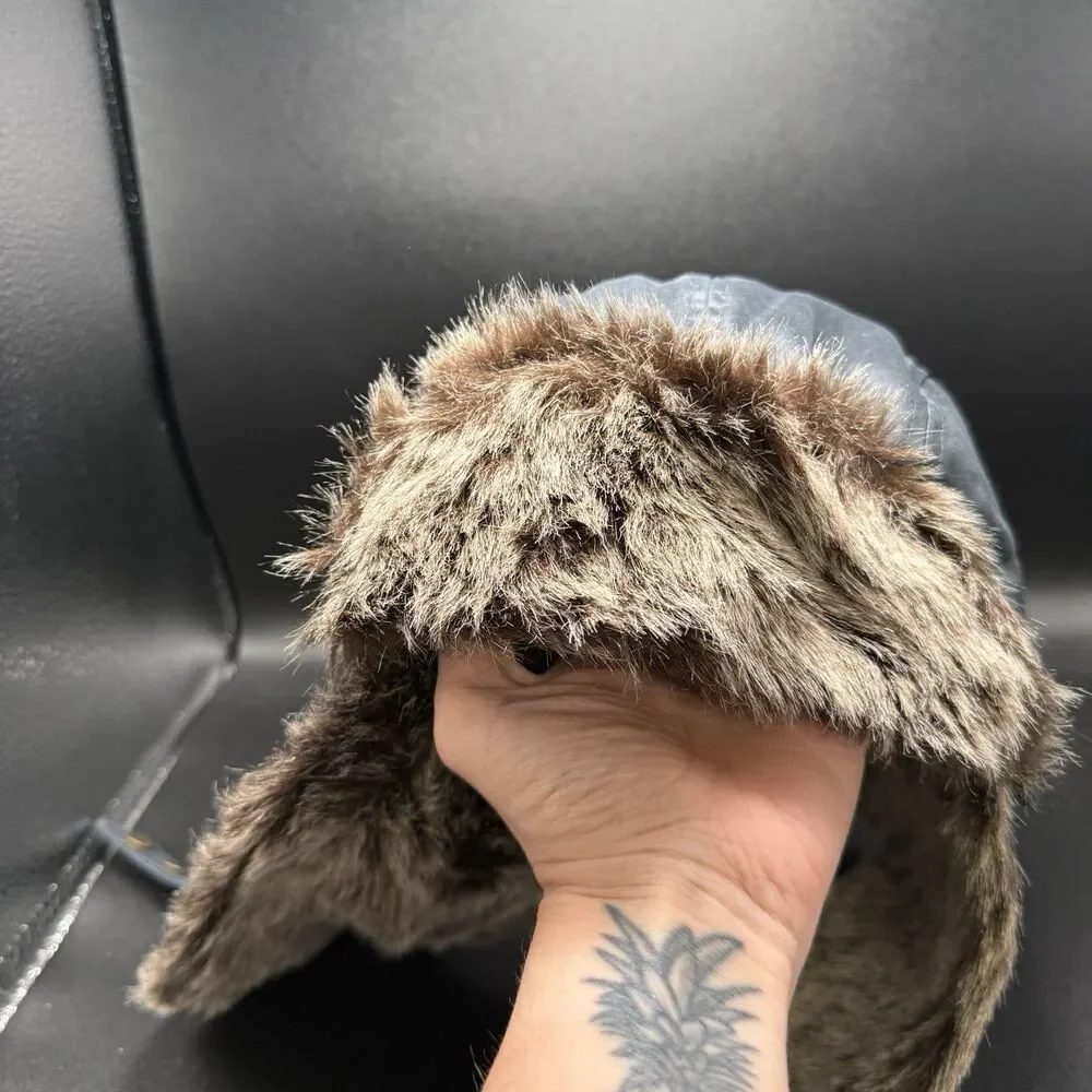 New True Religion Trapper Hat One Size Blue Faux Fur Lined Snap Ear Flaps